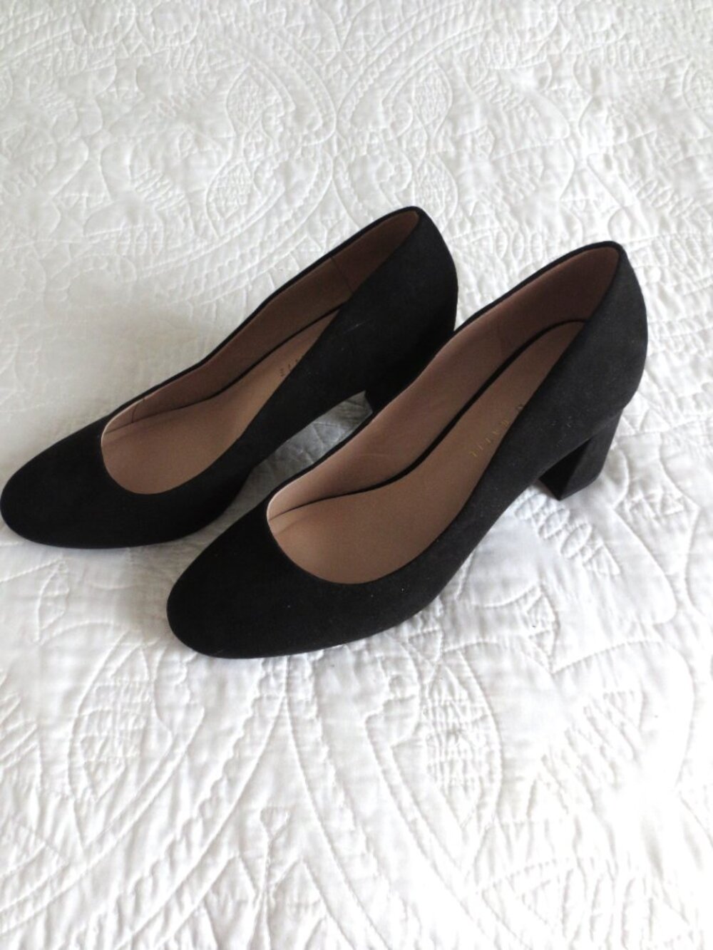 Classic Round Toe Black Suede Chunky Block Squared Heels - Picture 3 of 11